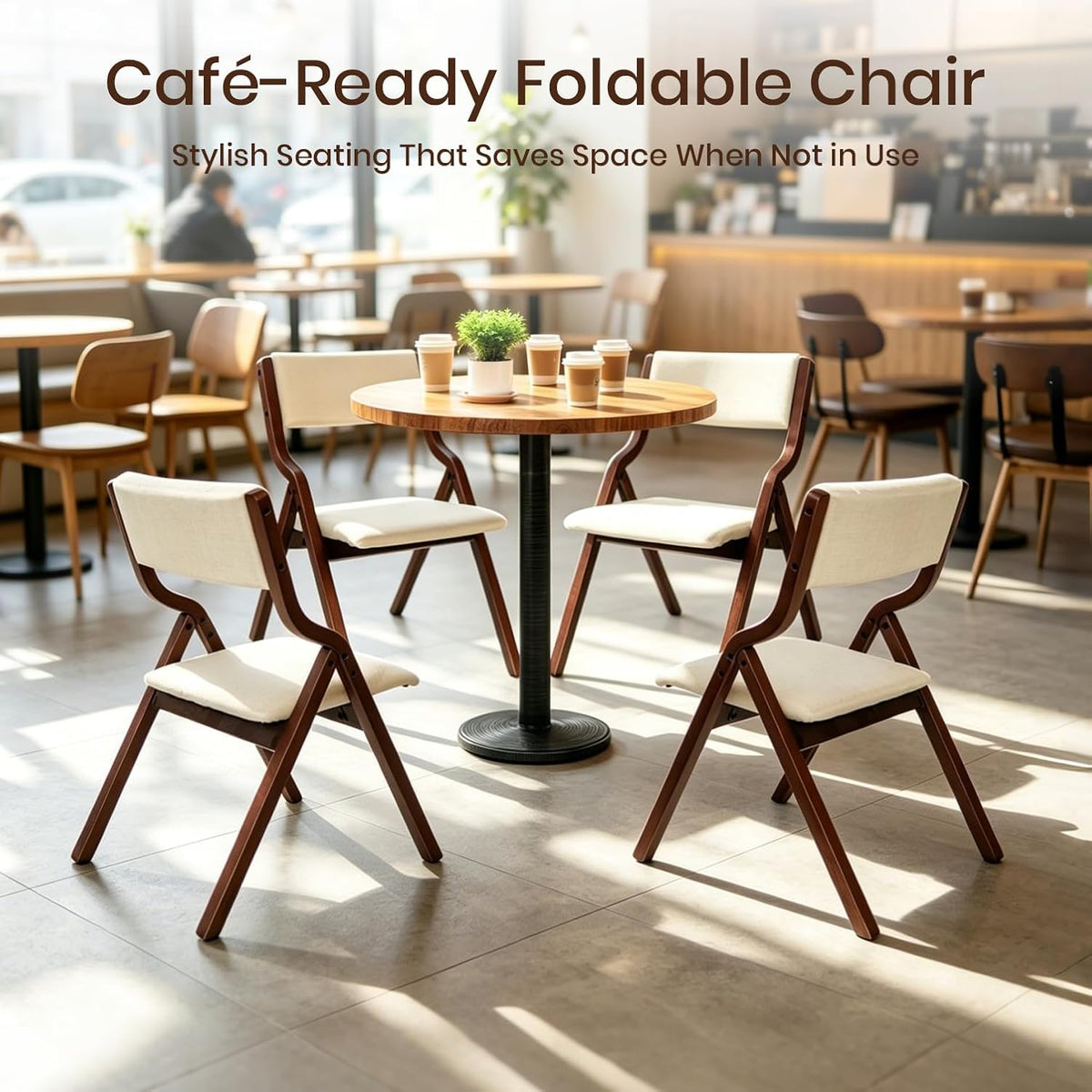 Stackable Foldable Chairs Set of 4, Fully Assembled Padded Fabric Upholstered Seat with Solid Wood Frame, for