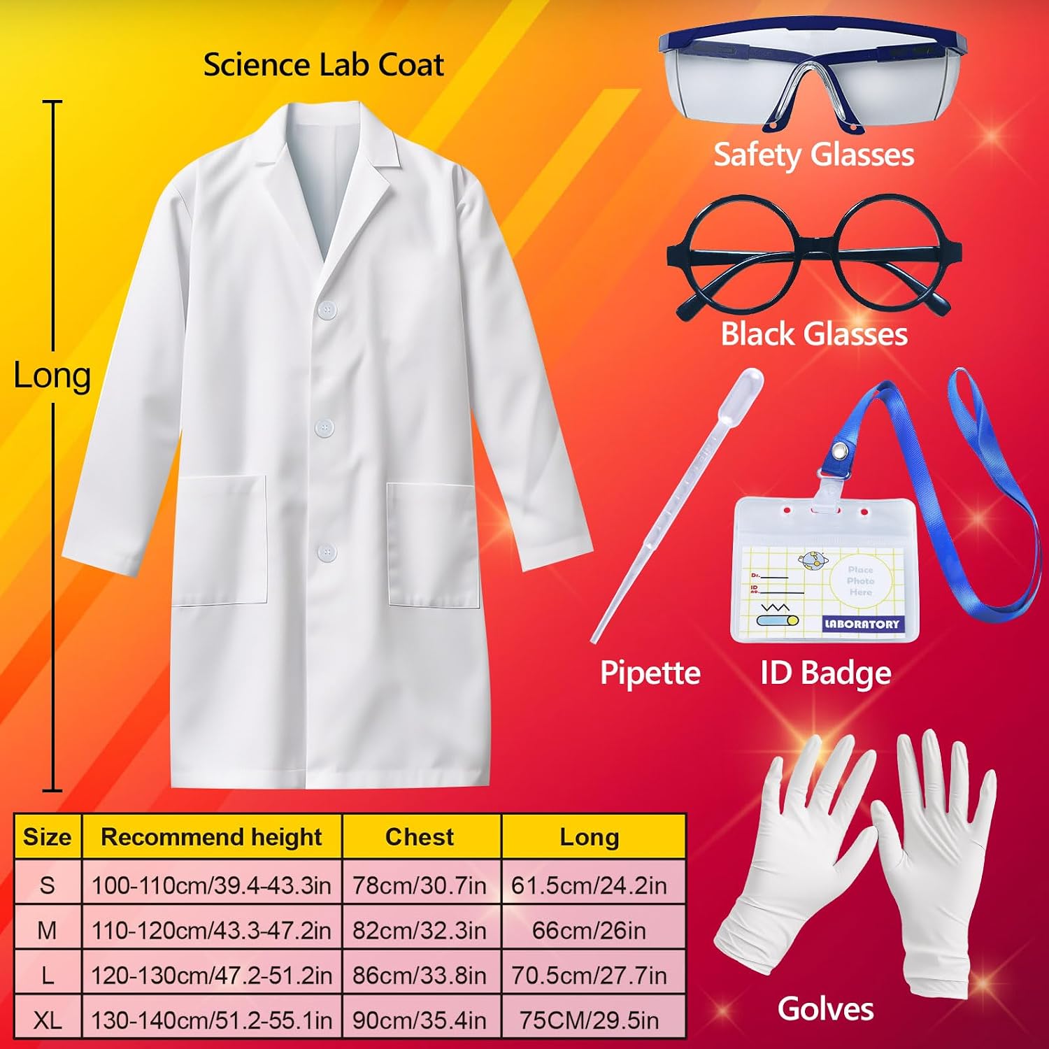 Kids Scientist Costume Lab Coat Doctor Pretend Play for Boys Girls, with Goggles Glasses ID Card Gloves