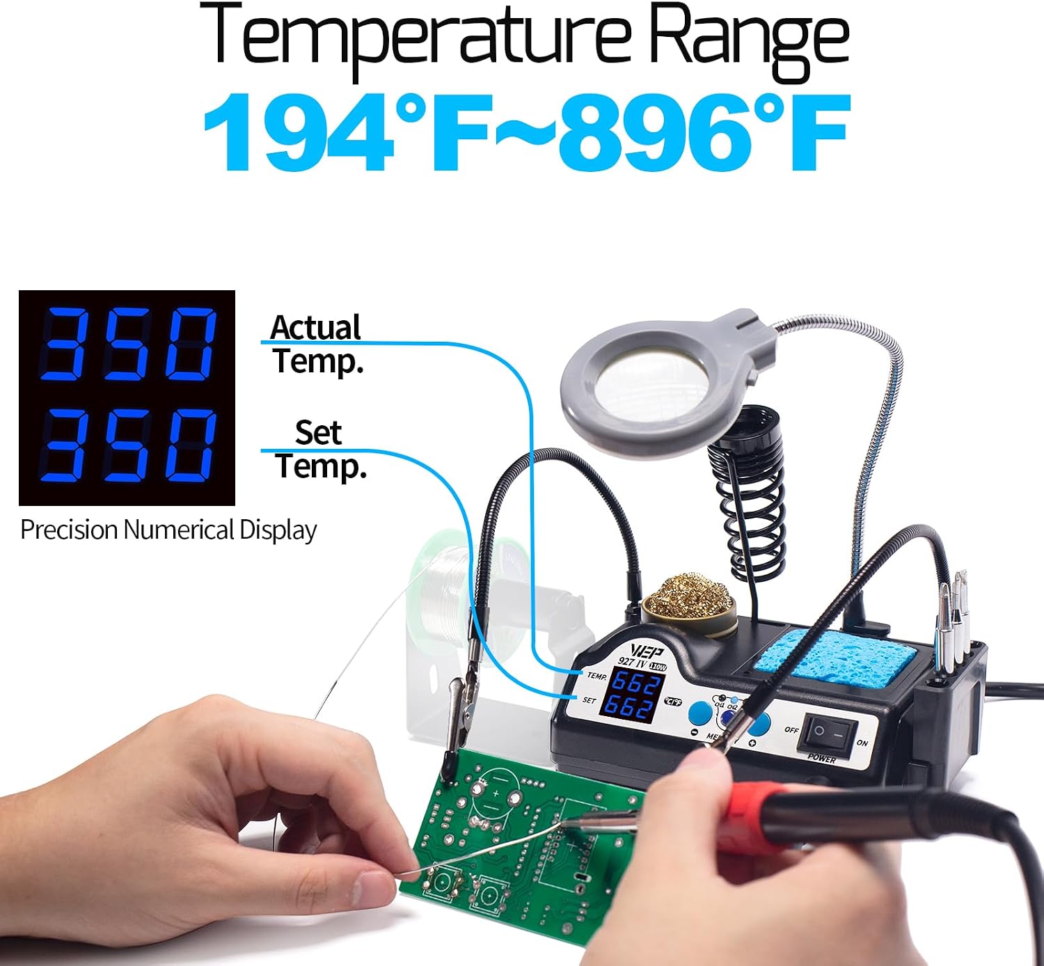 927-IV Soldering Station Kit High-Power 110W with 3 Preset Channels, Sleep Mode, LED Magnifier, 5 Extra Iron Tips