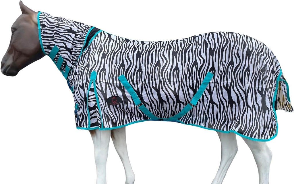 Horse Fly Sheet with Neck | Horse Combo Flysheet with Neck | Horse Summer Sheet with Hood (Zebra-Turq, 78)