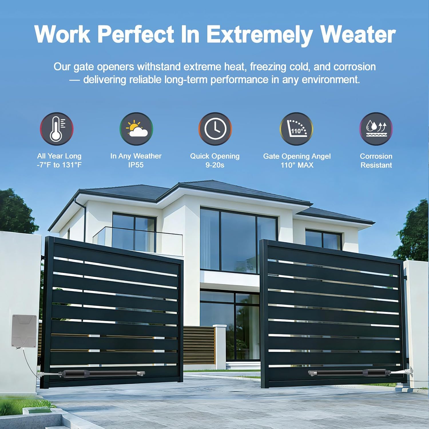 C01-L Solar Gate Openers with Batteries & Solar Panel for Dual Swing Gate Up to 14ft Long or 440lb Per Arm, Automatic