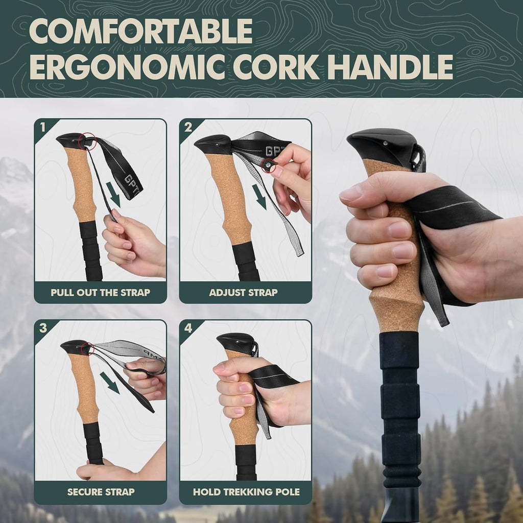 Folding Trekking Poles 7075 Aluminum Lightweight for Travel | Cork grip EVA sleeve, metal quick lock, wrist strap