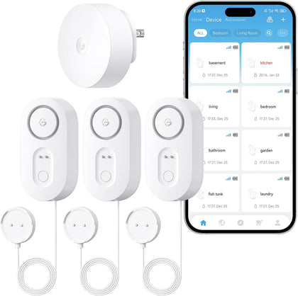 Upgraded Smart Water Leak Detector 1s with 4.92 ft Cable, 3 Pack | WiFi Water Sensor with SMS/Email/APP Push and