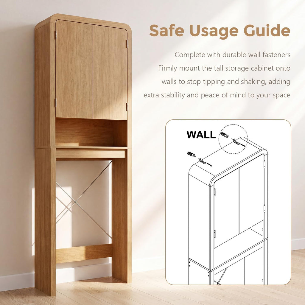 Over the Toilet Storage Cabinet, 69.69" Curved Bathroom Storage Organizer Cabinet with Doors and Adjustable Shelves
