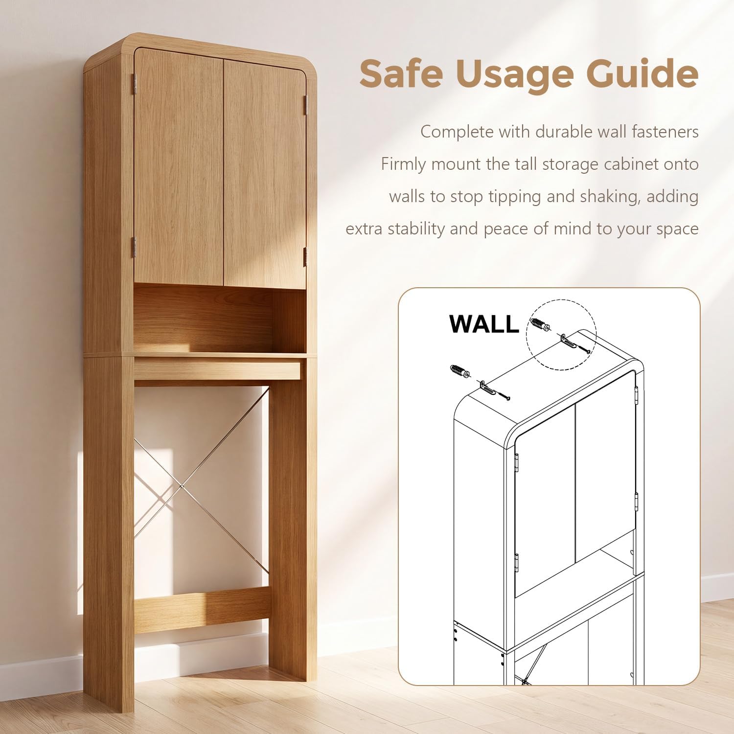 Over the Toilet Storage Cabinet, 69.69" Curved Bathroom Storage Organizer Cabinet with Doors and Adjustable Shelves