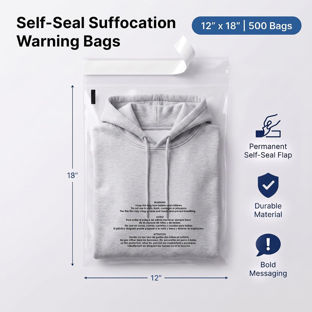 12" X 18" (500 Count) Self Seal Clear Poly Bags with Suffocation Warning