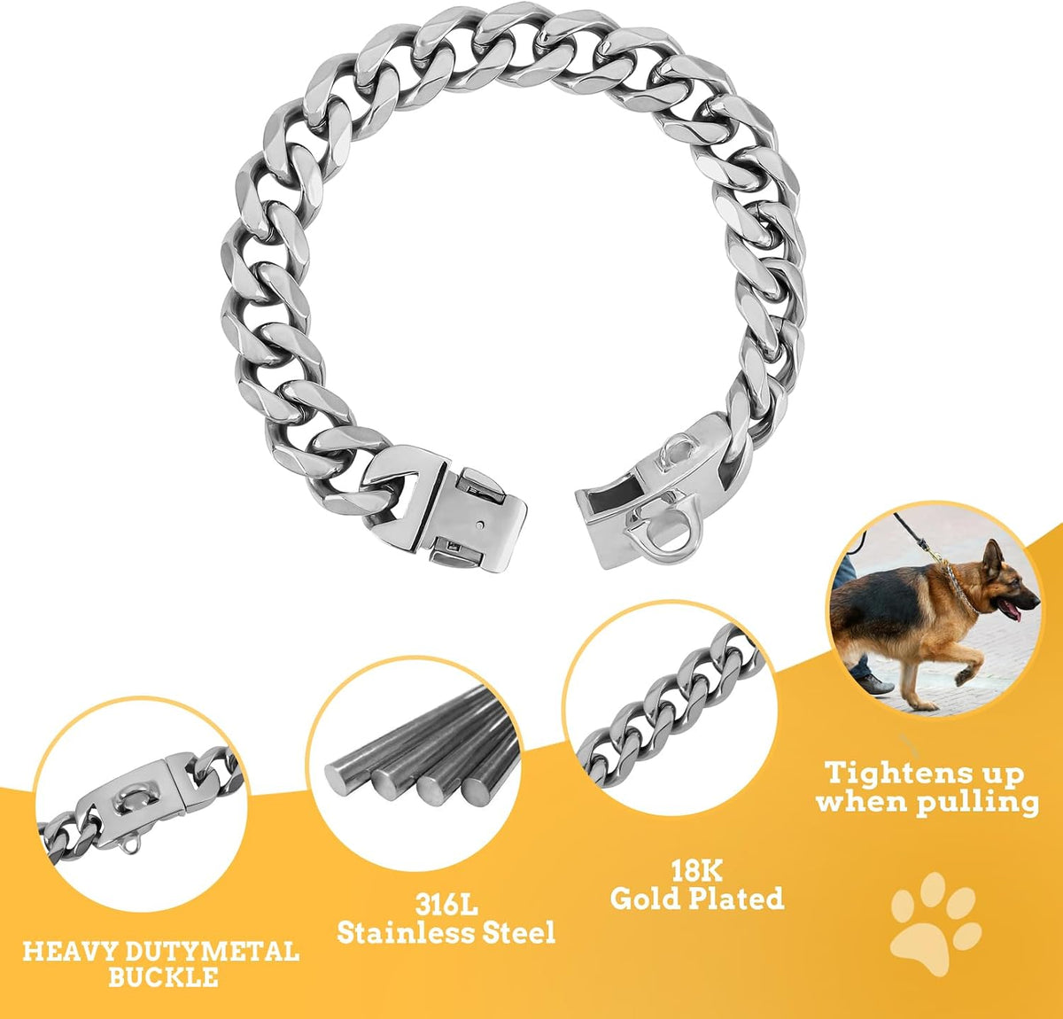 19mm Silver Chain Dog Collar, Luxurious Cuban Link Dog Collar