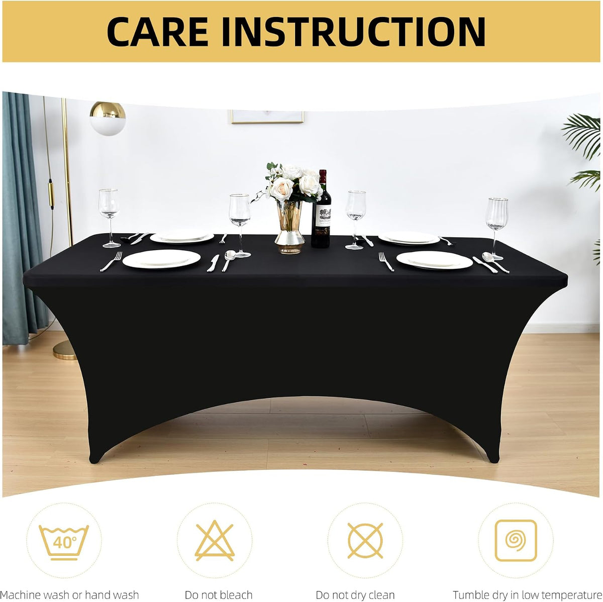 2-Pack 6ft Black Spandex Table Covers for Rectangle Standard Folding Tables - Wrinkle Resistant Stretch Tablecloths