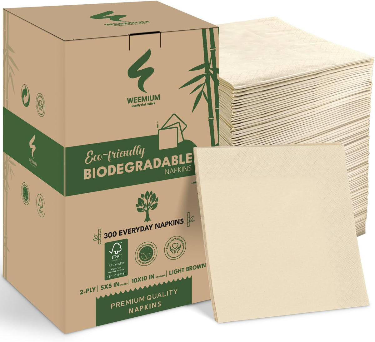 Compostable Napkins Disposable - FSC Certified - Pack of 300, 2-Ply