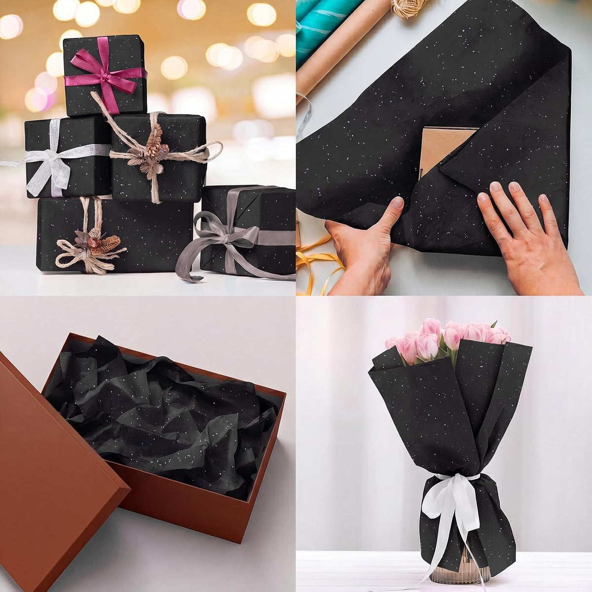 120 Sheets 14 x 20 Inch Black Glitter Tissue Paper for Gift Bags