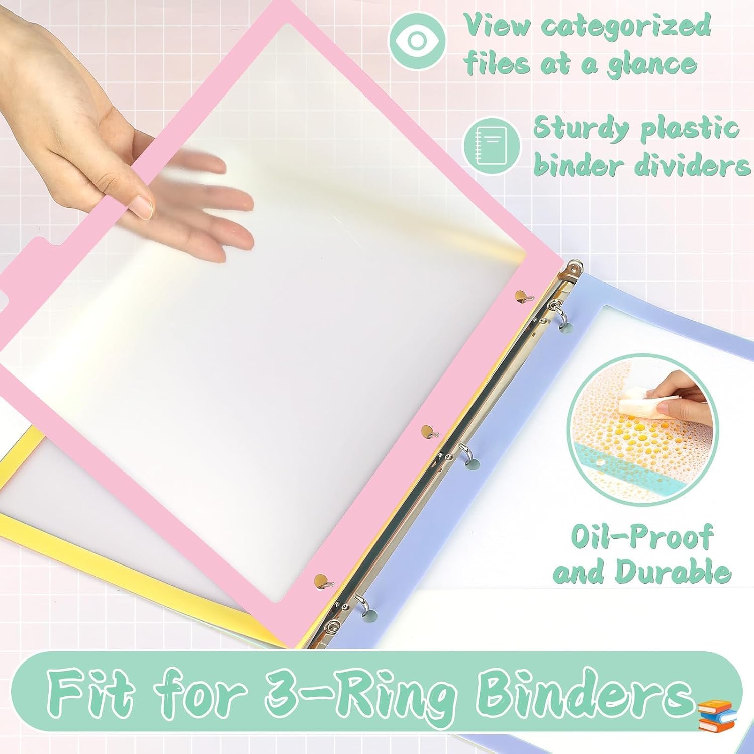 48Pcs/6 Set 8 Tab Dividers for 3 Ring Binder 8 Color Clear Plastic Binder Divider with Tabs 3 Hole Punched Folder