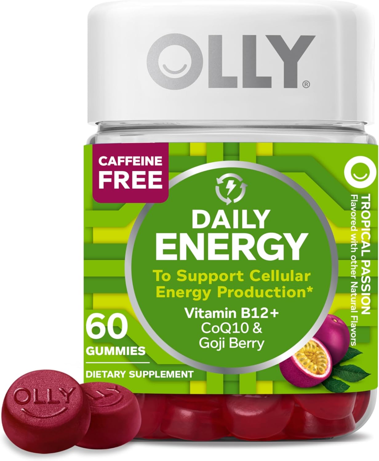 Daily Energy Gummy, Caffeine Free, Vitamin B12, CoQ10, Goji Berry, Adult Chewable Supplement, Tropical Flavor - 60 Count
