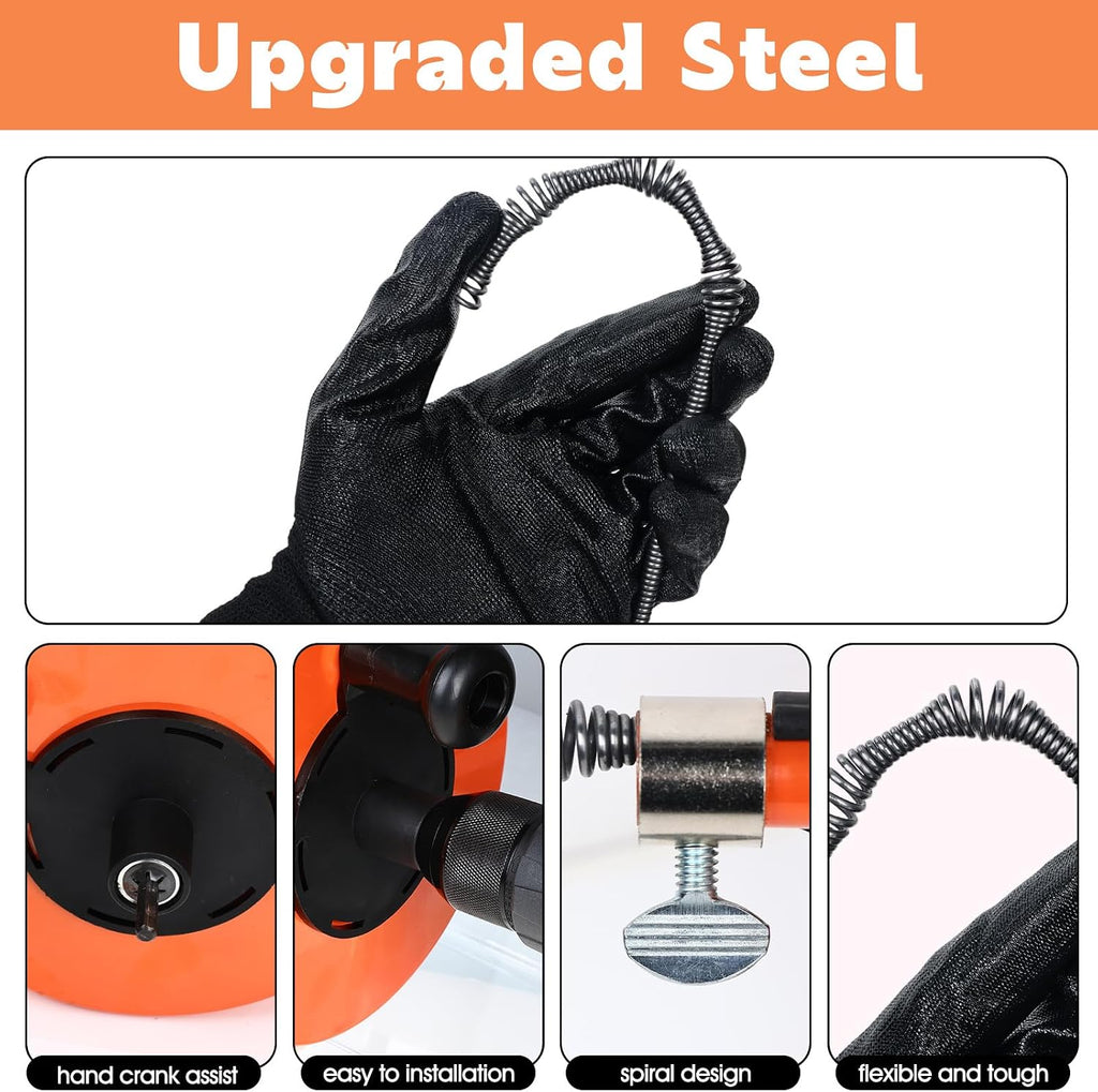 50 Ft Drain Auger,Use Manually or Drill Powered 50 Foot Drain Snake,Heavy Duty Flexible Plumbing Snake,With Gloves