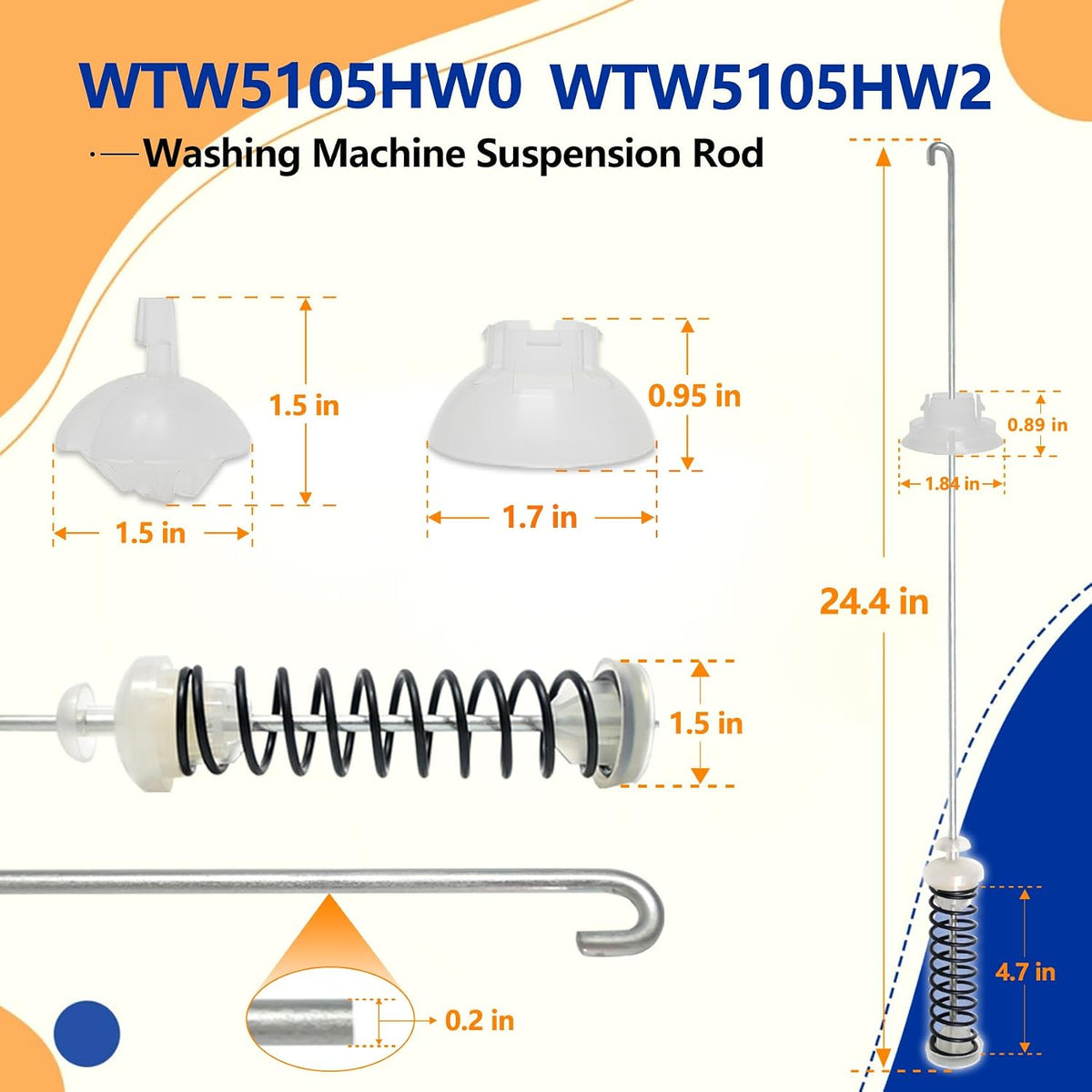 New WTW5105HW2 WTW5100HC0 WTW5105HW0 MVW6230HW2 WTW5057LW0 WTW5100HC2 Washer Suspension Rods(4PCS), Fit for Whirlpool Kenmore Maytag Washer MVW6230HW0 WTW5100HW0 MVW6200KW2