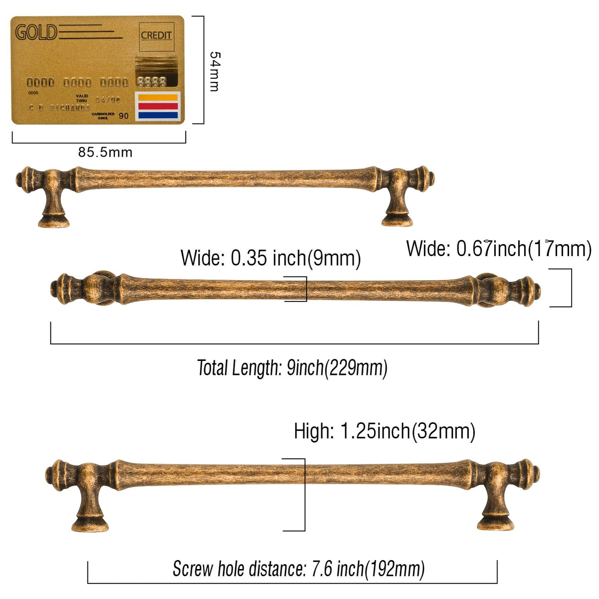 10 Pack Antique Brass Cabinet Pulls 7.5"