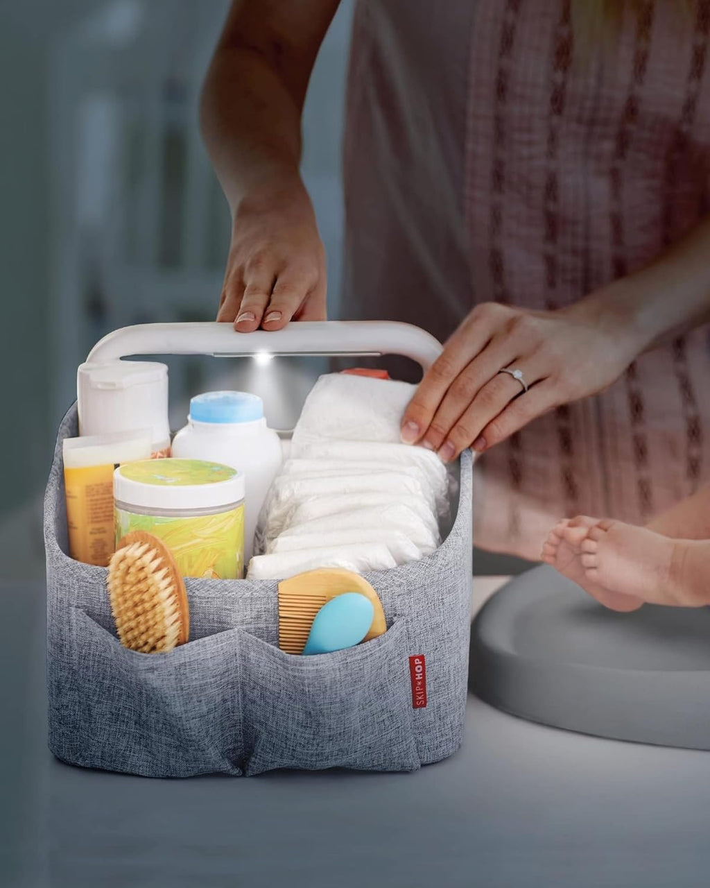 Diaper Caddy Organizer with Touch Sensor Night Light Nursery Style Heather Grey