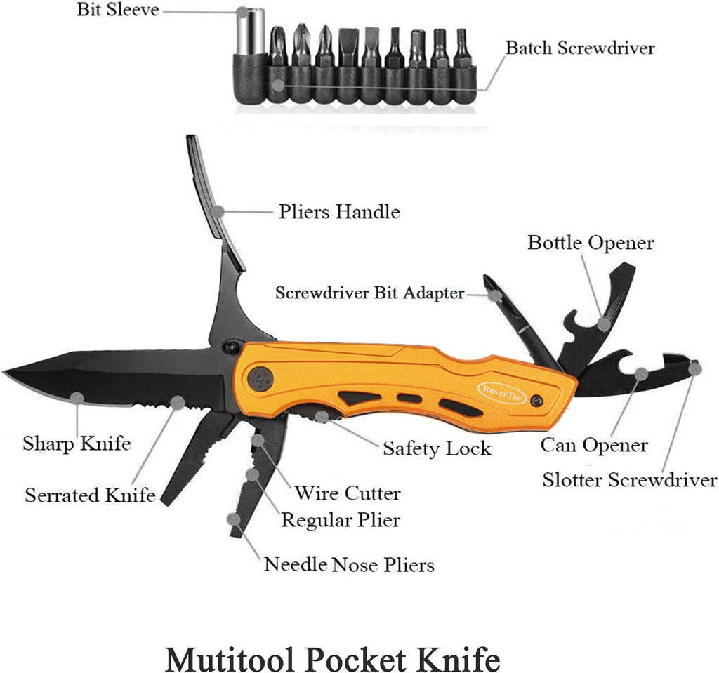 15-in-1 Pocket Multitool Knife - Folding Knife with Pliers, Bottle & Can Opener, Phillips Screwdriver + 9 Bits, Nylon