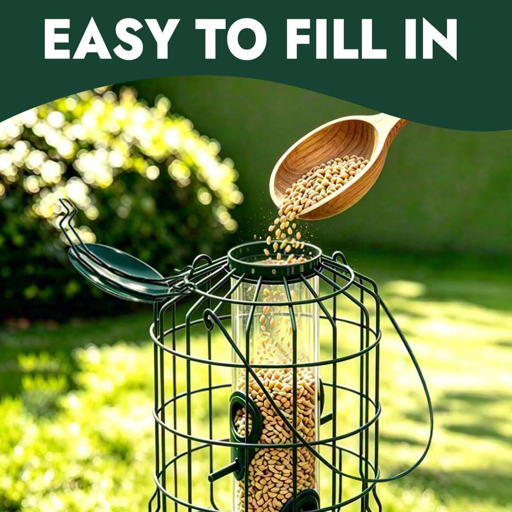 Squirrel Proof Bird Feeder, Metal Caged Outdoor Hanging Seed Feeder with Rainproof Cover & 4 Feeding Ports, Chew
