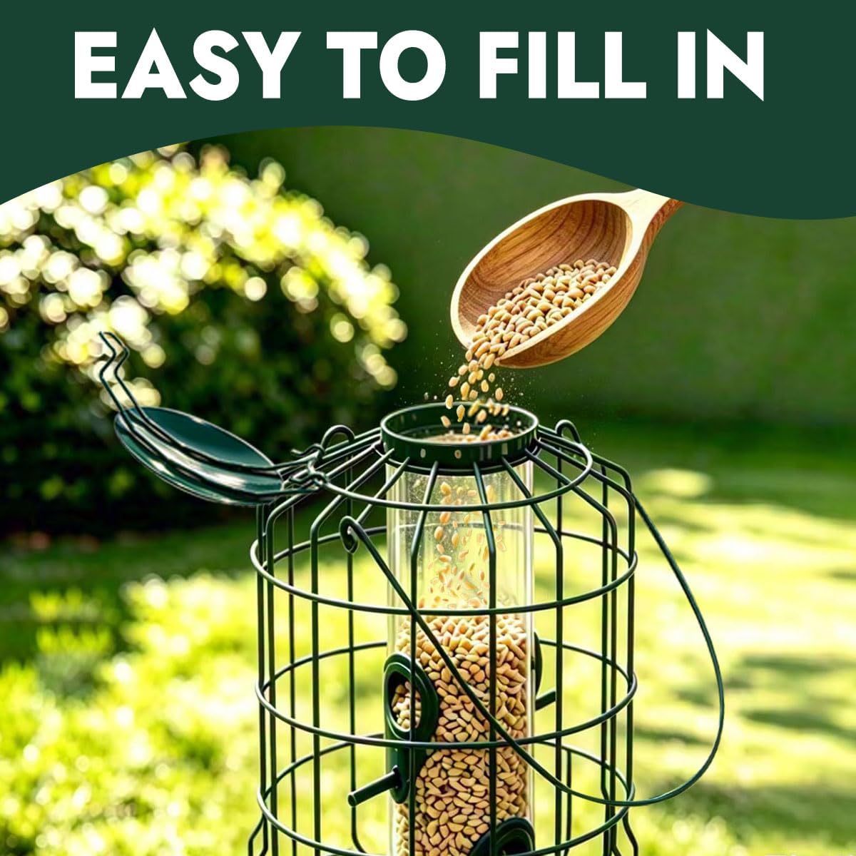 Squirrel Proof Bird Feeder, Metal Caged Outdoor Hanging Seed Feeder with Rainproof Cover & 4 Feeding Ports, Chew