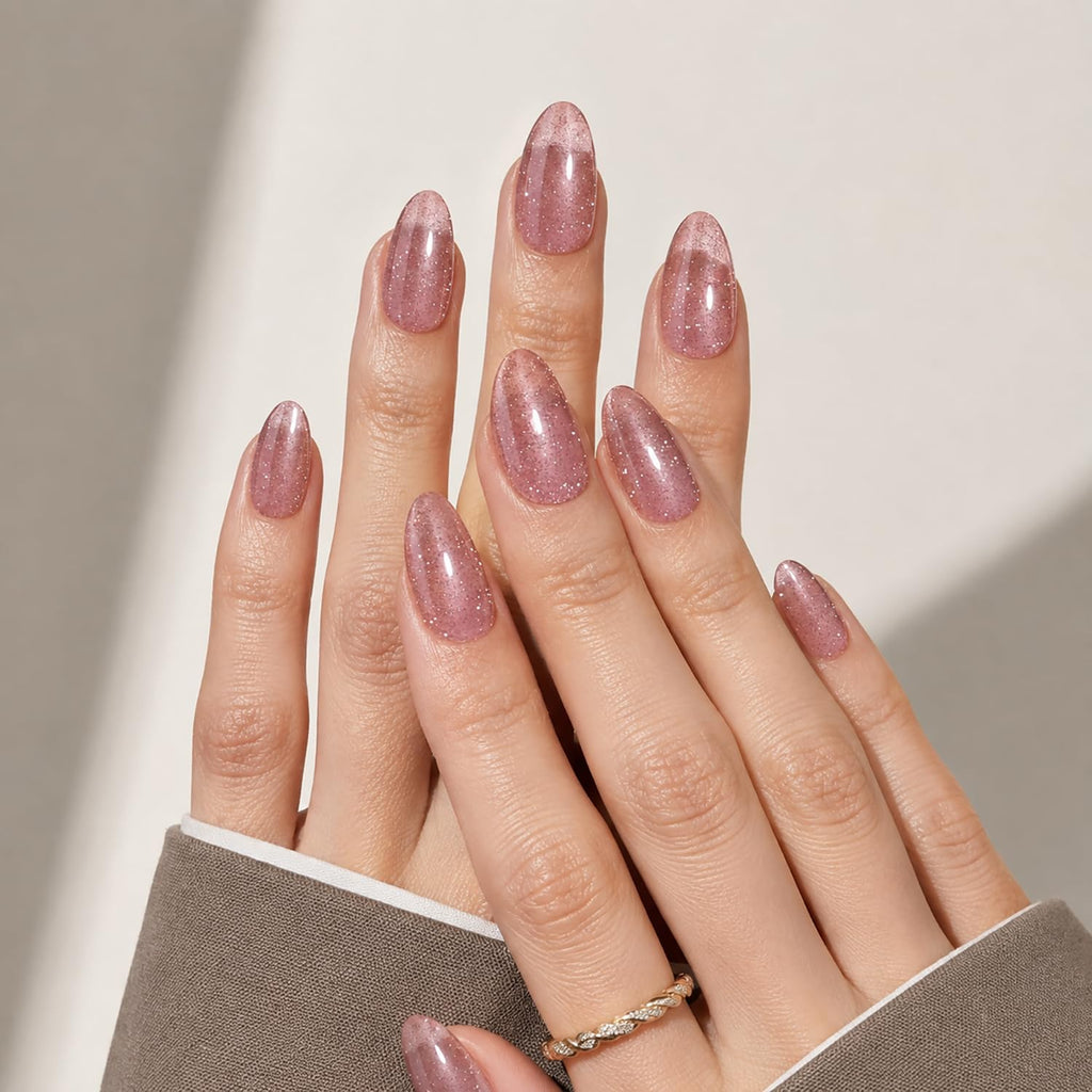 Press On Nails Almond - Nude Pink Nails Glitter Fake Nails