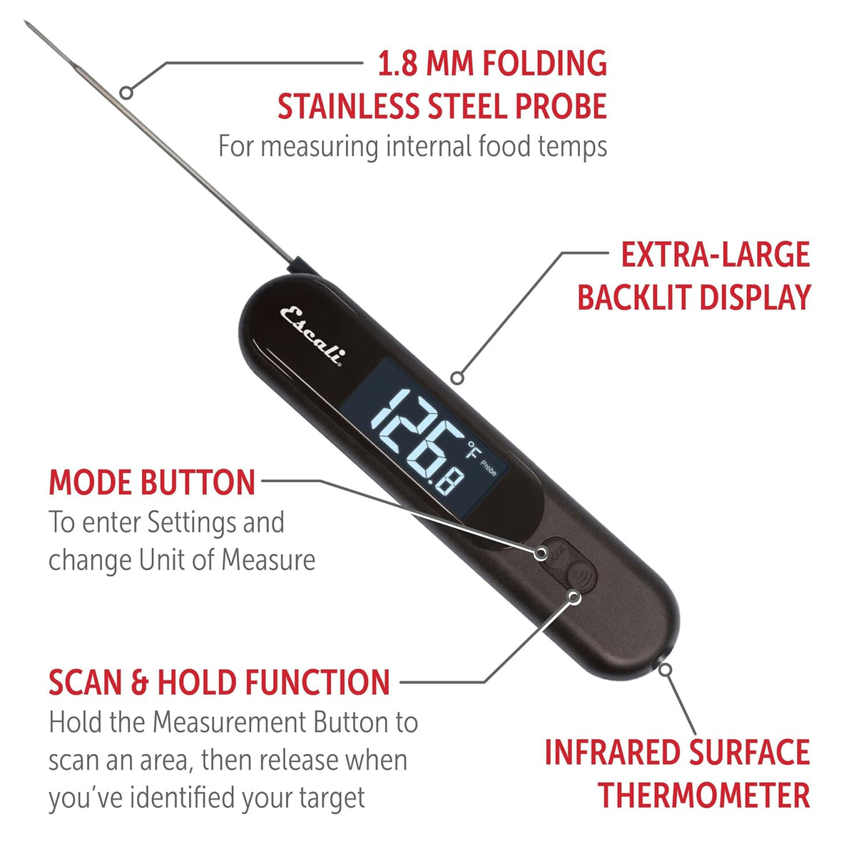 Infrared Surface and Folding Probe Digital Thermometer Stainless Steel Probe, Two-in-One IR Technology