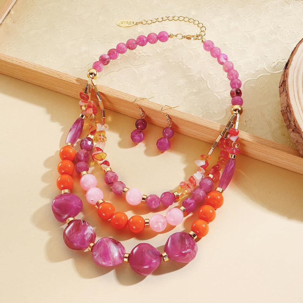 3 Layer Statement Chunky Beaded Necklace Fashion Costume Jewelry Set for Women Gifts (NK-10788)