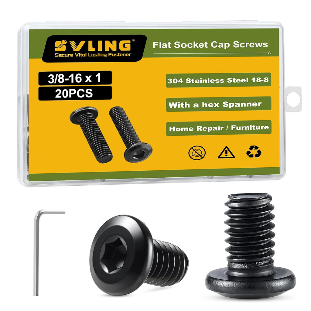 3/8-16 x 1 Bolt, 20PCS Flat Head Hex Socket Cap Screws Bolts, 304 Stainless Steel 18-8, Fully Threaded, Black Zinc Finish, with Hex Spanner