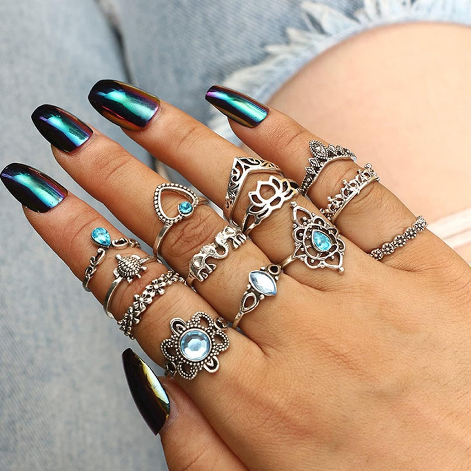 82 Pcs Vintage Silver Knuckle Rings Set for Women, Bohemian Stackable Joint Finger Rings, Retro Stone Crystal
