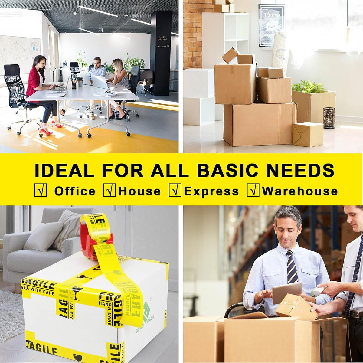 Fragile Tape 2 Inch x 180 Feet (60 Yards) 4 Rolls, Yellow Fragiles Tape Handle with Care for Shipping with Dispenser
