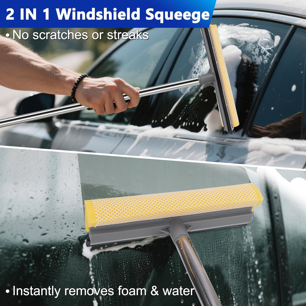 Car Wash Kit, 62'' Car Washing Brush with Long Handle, Extendable Car Wash Brush Mop with 2-in-1 Windshield Squeegee