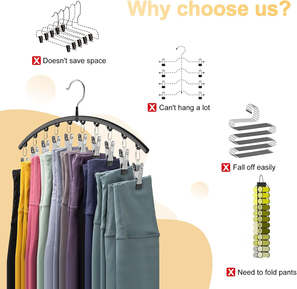 Legging Organizer for Closet, 2 Pack Metal Yoga Pants Hangers w/10 Clips Holds 20 Leggings, Space Saving Hanging