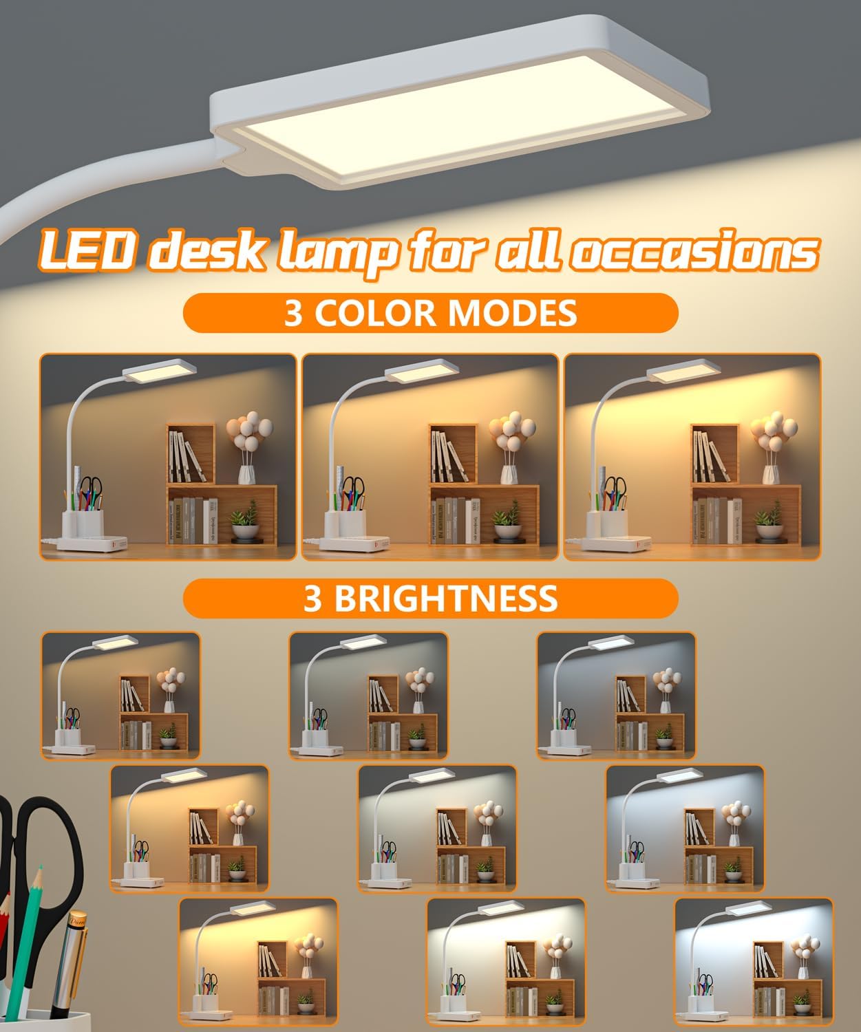 LED Desk Lamp for Dorm USB A/C Charger Pen Holder 3 Light Modes White | 3 Color Modes, 3 Brightness, 360° Gooseneck