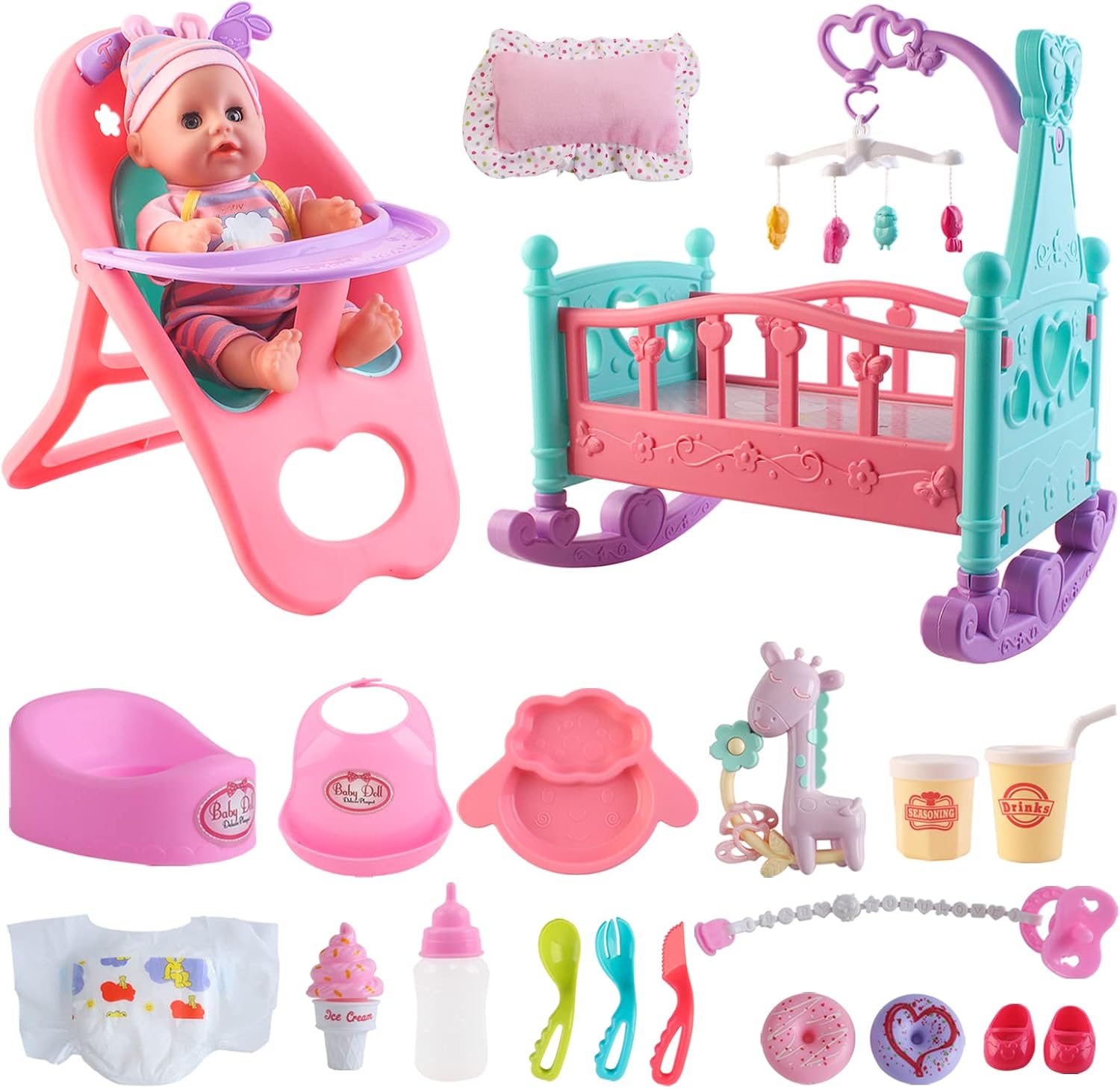 12” Baby Doll Play Set with Crib, Mobile, High Chair Feeding Accessories, Interactive Dolls for Girls Kids Pretend