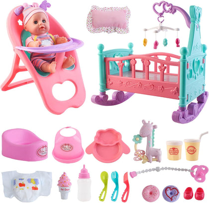 12” Baby Doll Play Set with Crib, Mobile, High Chair Feeding Accessories, Interactive Dolls for Girls Kids Pretend