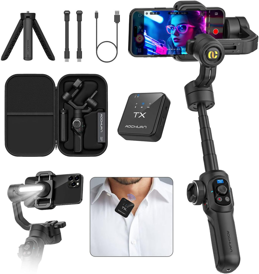 S2 Smartphone Gimbal Stabilizer w/Wireless Lavalier, Built-in 18cm Extension Rod & Fill Light, Professional 3-Axis