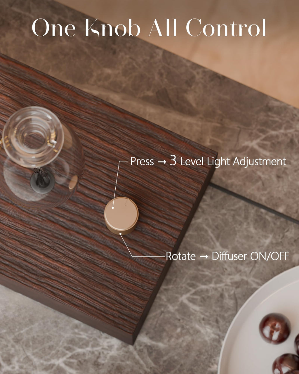 Waterless Oil Diffuser with Wood Base, Tempered Glass Bulb, 3 Color Light
