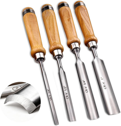 4-Pieces Woodworking Wood Chisel Set,CR-V Steel Sharp Curved Edge Gouge Firm Wood Handle Carpentry Gouge Tools