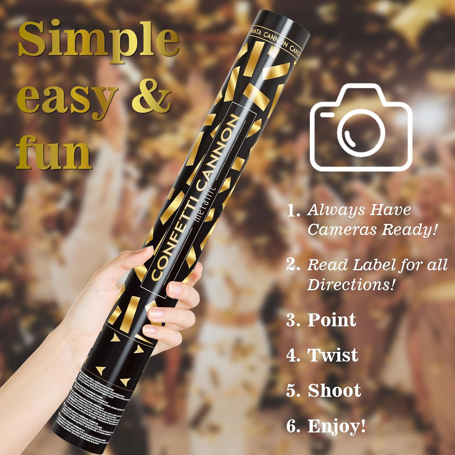 Confetti Cannons Confetti Poppers 5 Pack,15 Inch Gold Party Poppers Confetti Shooters, WORKKEEP Yello Confetti Pop