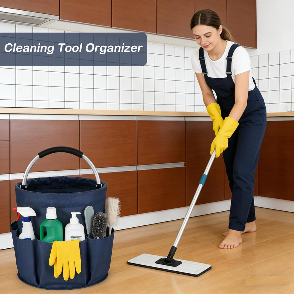 17L Foldable Cleaning Caddy with Handle, Cleaning Supplies Organizer Storage Basket with 6 Side Pockets, Portable