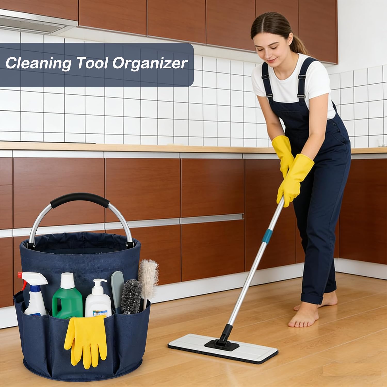 17L Foldable Cleaning Caddy with Handle, Cleaning Supplies Organizer Storage Basket with 6 Side Pockets, Portable