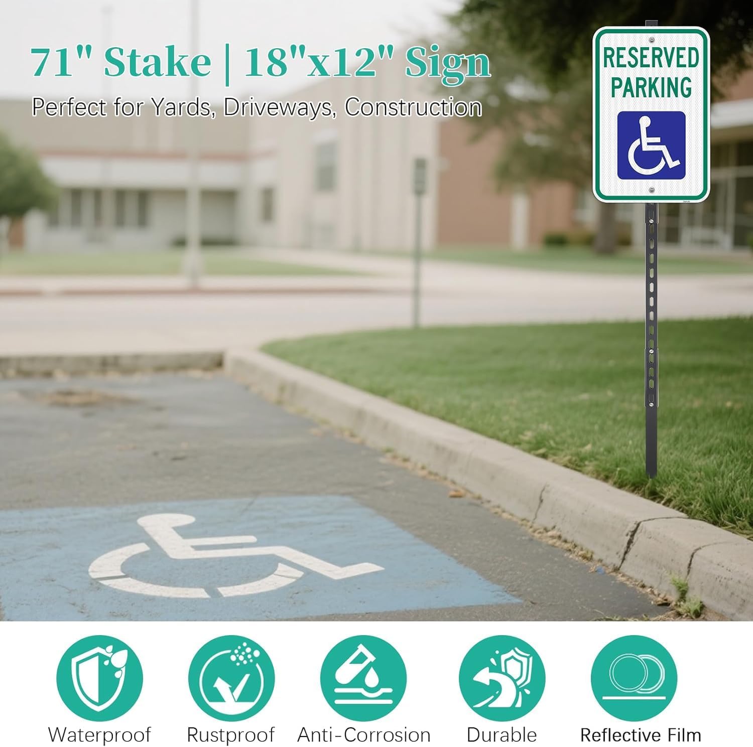 Handicap Reserved Parking Sign with 6Ft Stake, 18x12in | Engineer Grade Reflective Aluminum, Weatherproof Rustproof