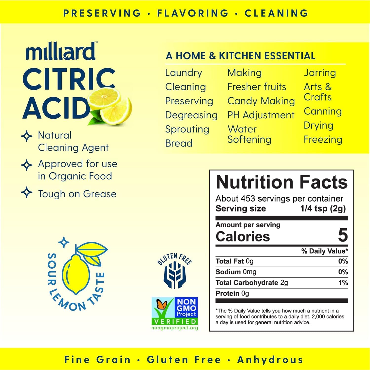 Citric Acid Powder Food Grade, 2 lb Bag, Bulk, 100% Pure, Non-GMO Project Verified