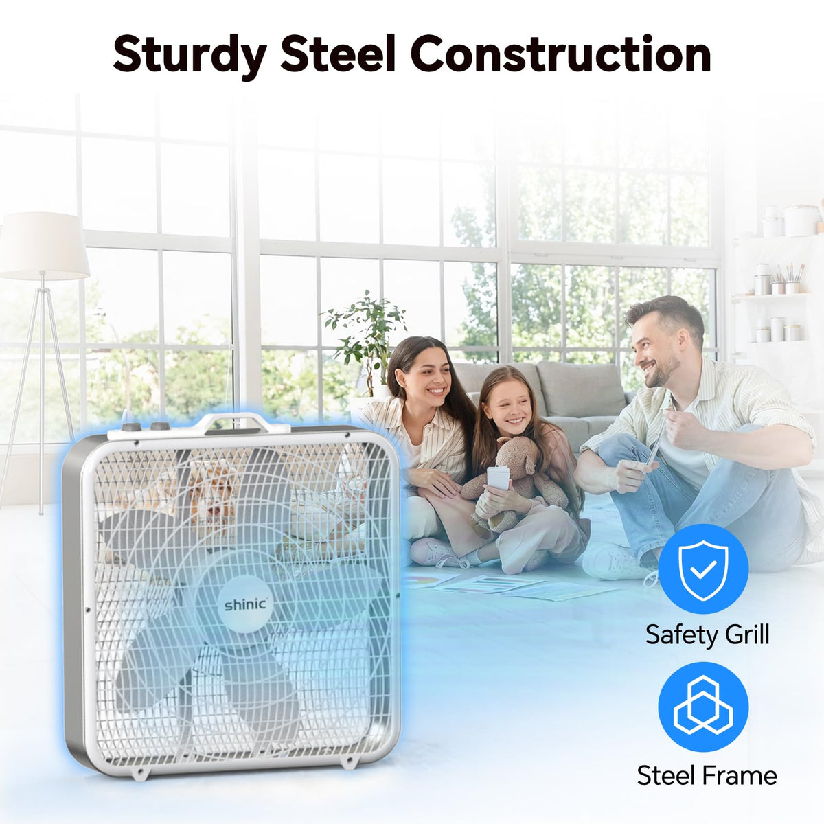 20" Box Fan with Thermostat, Powerful Airflow