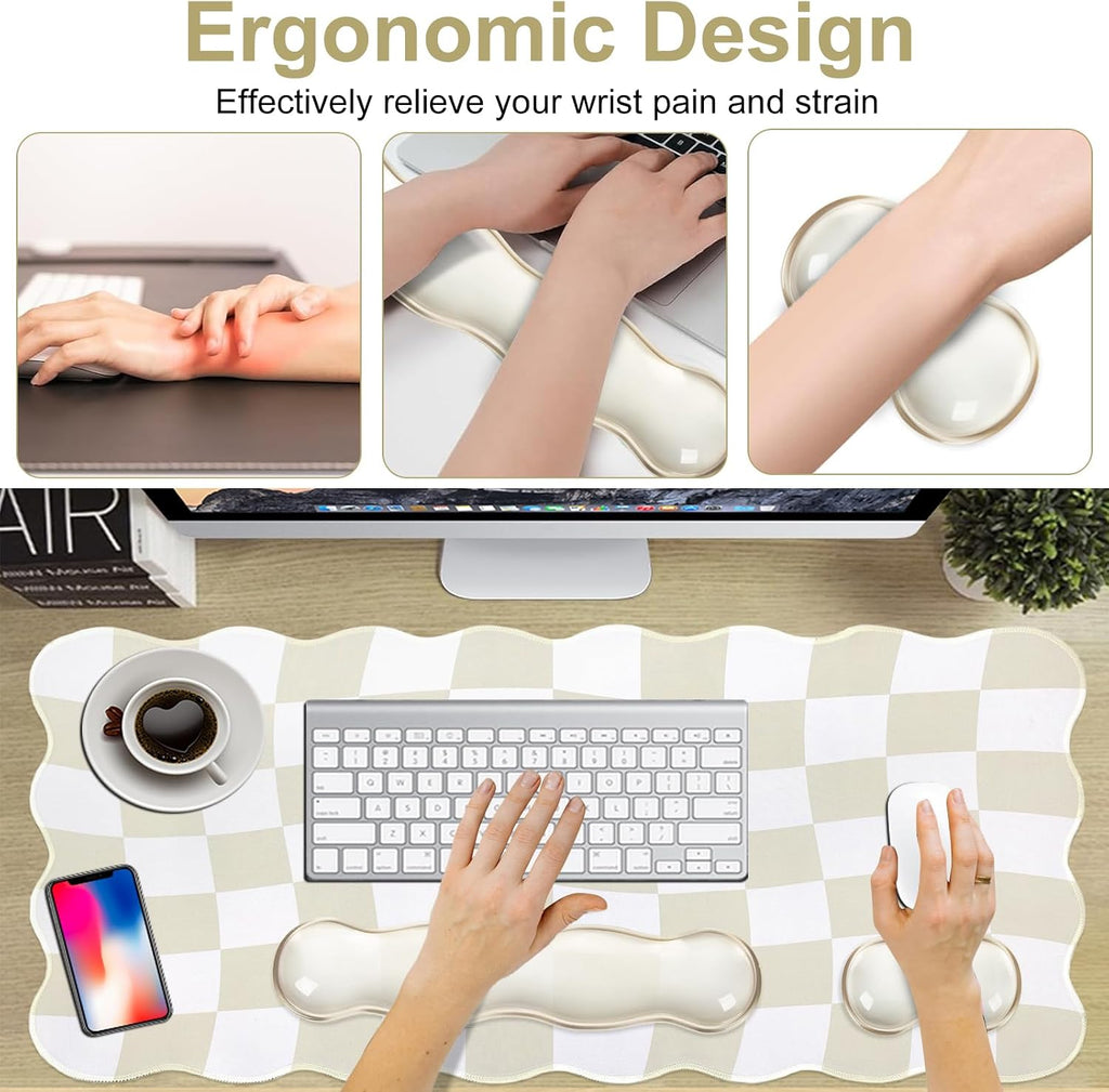 Beige Checkered Mouse Pad Set,Scalloped XXL Desk Mat Set | Desk Mat+Ergonomic Mouse Wrist Rest+Gel Keyboard Wrist