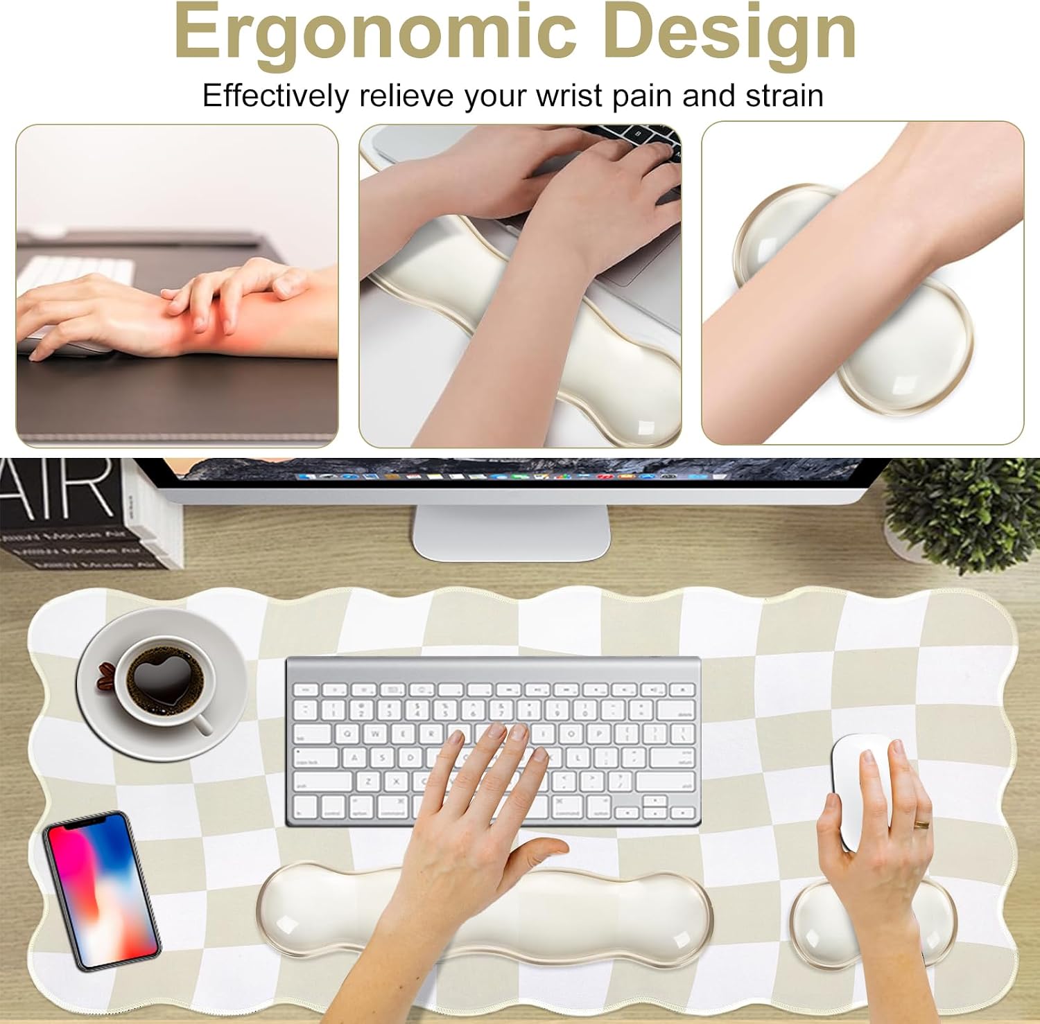 Beige Checkered Mouse Pad Set,Scalloped XXL Desk Mat Set | Desk Mat+Ergonomic Mouse Wrist Rest+Gel Keyboard Wrist