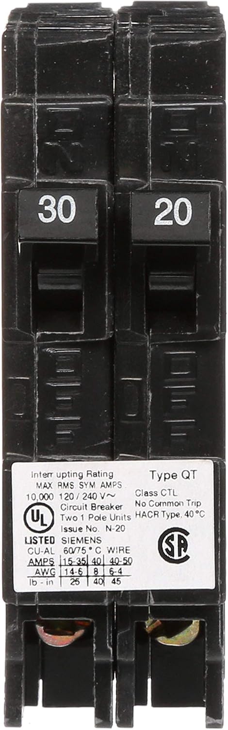 SIEMENS Q3020 30/20-Amp 1 Pole 120-Volt 10-Kaic DUPLEX Circuit Breaker