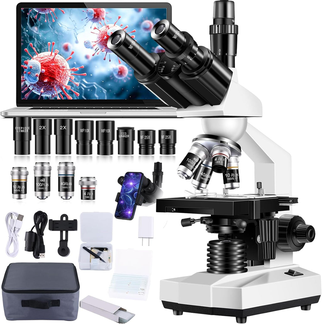 Trinocular Microscope 40X-5000X Magnification Laboratory Grade with Dual Mechanical Stage and HD USB Camera