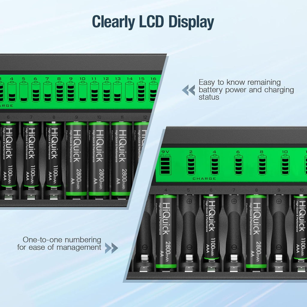 16+2 Bay Battery Charger, Fast Charge for AA AAA 9V NiMH/NiCD, LCD | Charge up to 16 AA/AAA & 2 9V batteries at once，