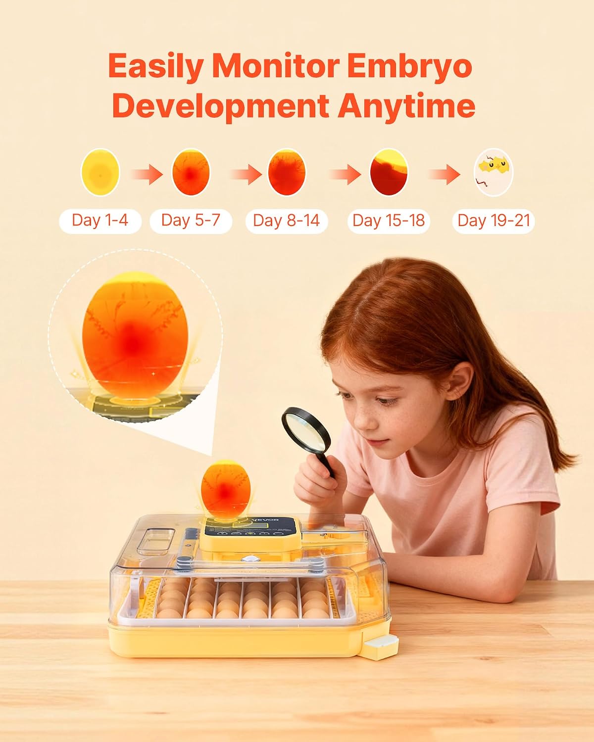 48 Egg Incubator, Automatic Egg Turner with LED Candler, Temperature Display & Auto Humidity Control, 360° View Clear