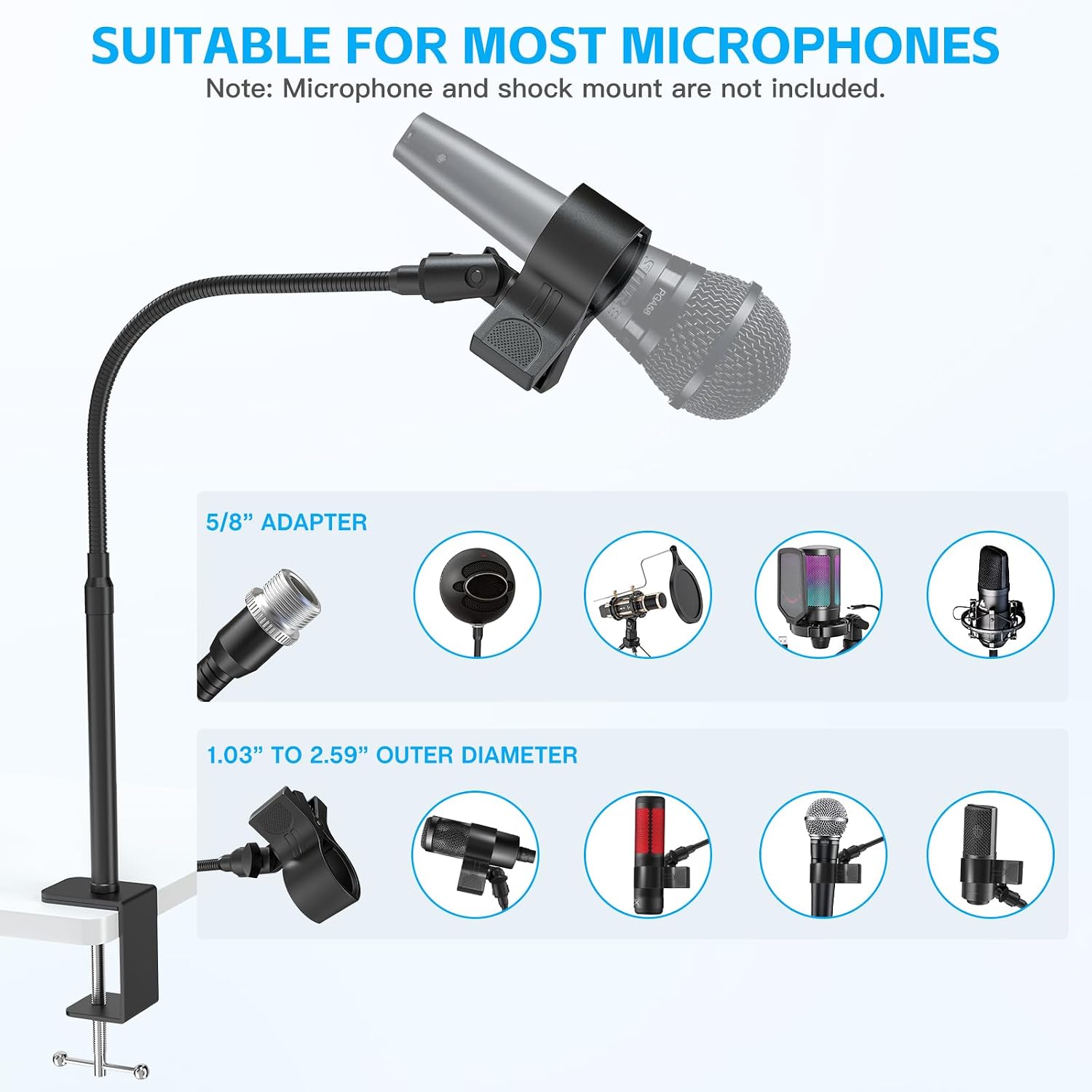Microphone Stand Gooseneck, 19-Inch Mic Arm Stand with Adjustable Microphone Clip Holder and 3/8" to 5/8" Screw